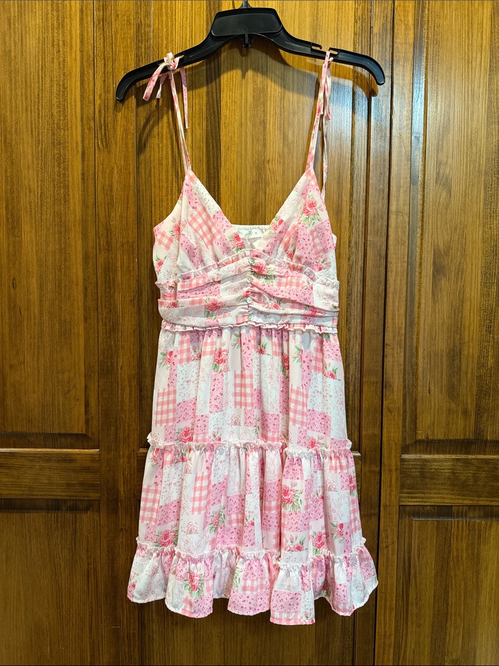 Altar'd State Pink Patchwork Floral Sundress with Tie Straps